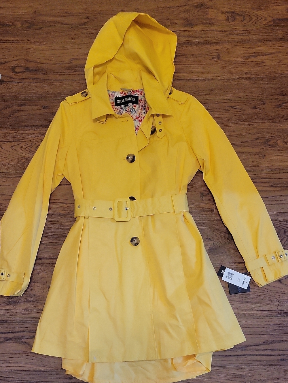 Steve Madden Bright Yellow Hooded Belted Trench Coat
